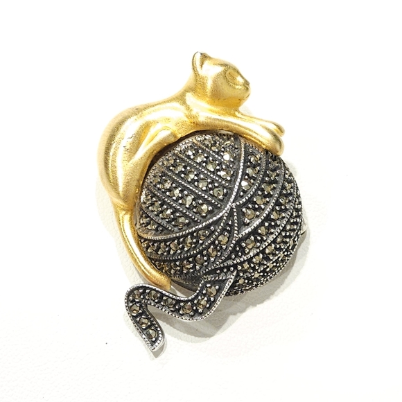 Vintage Judith Jack Golden Cat Marcasite Stones Brooch Sterling Silver 925 - Picture 15 of 15